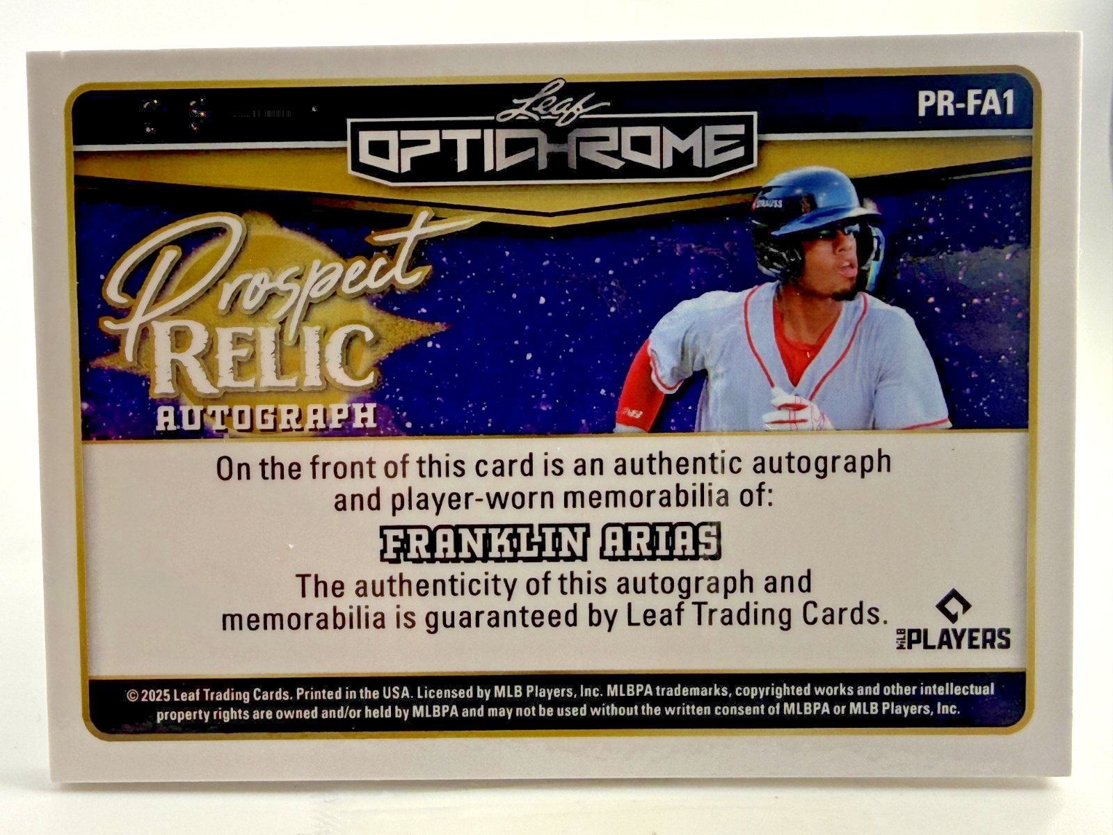 2025 Leaf Optichrome Auto/Jersey Franklin Arias Prospect Relic #PR-FA1  Auto 2/5