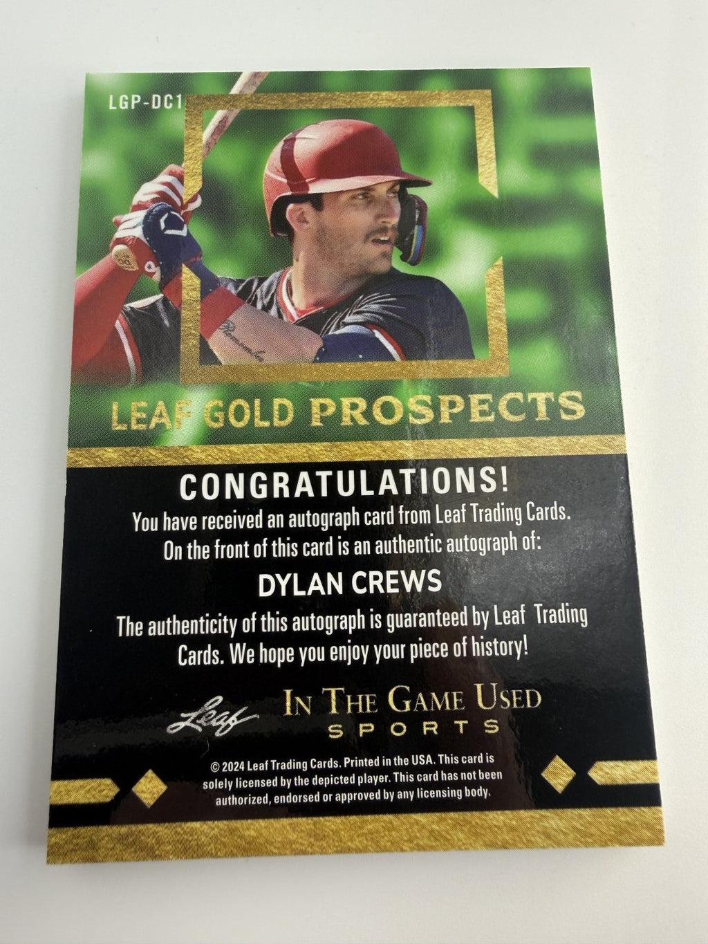Dylan Crews 2024 Leaf Gold Prospects In The Game Used Sports Auto 8/25Washington