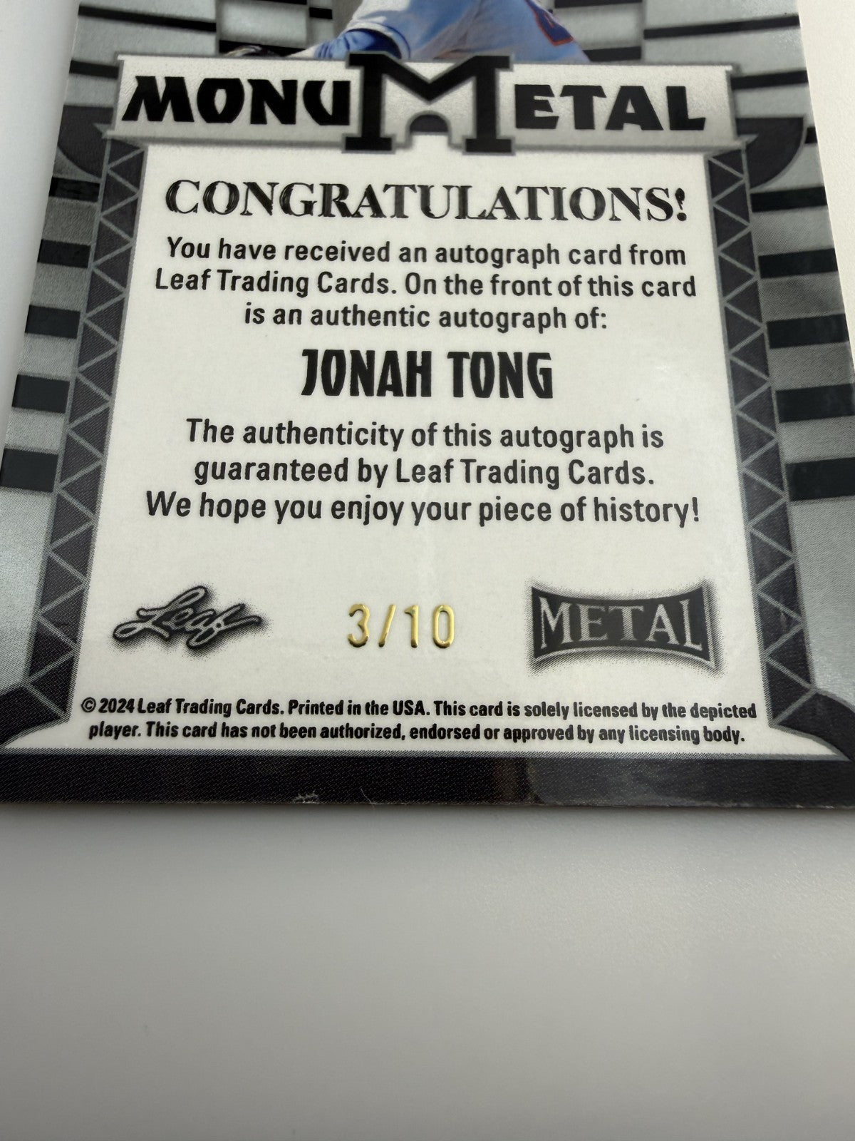 Leaf Metal Jonah Tong Monumetal #MM-JT1 Auto Number 3 of 10